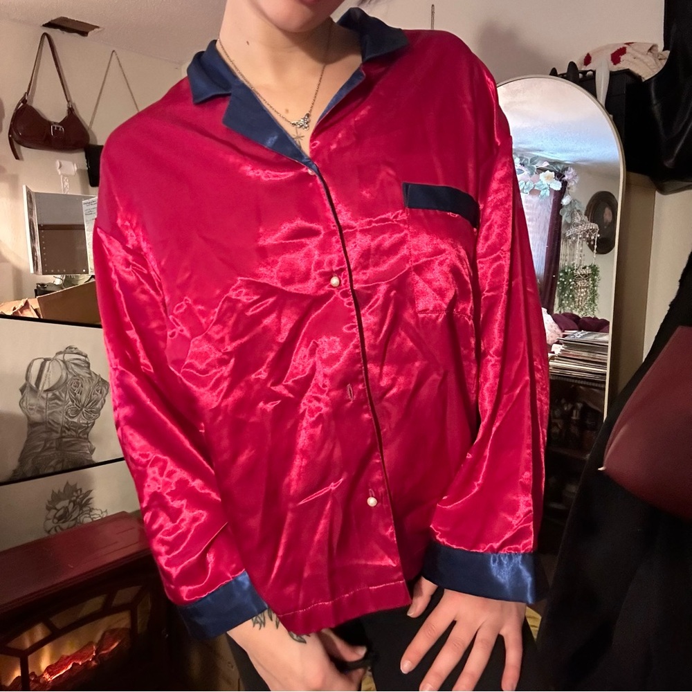 Vintage Red and Navy Blue Satin Pajama Top